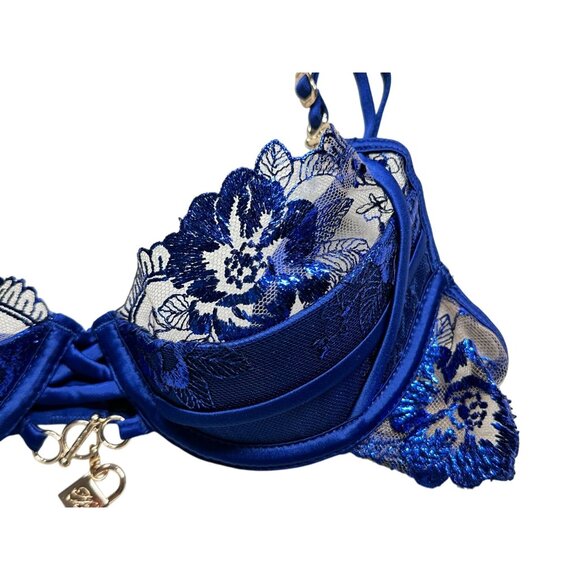 Honey Birdette Jules Contour Bra Womens 32A 10A Navy Blue Lace French Padlock - Picture 3 of 13